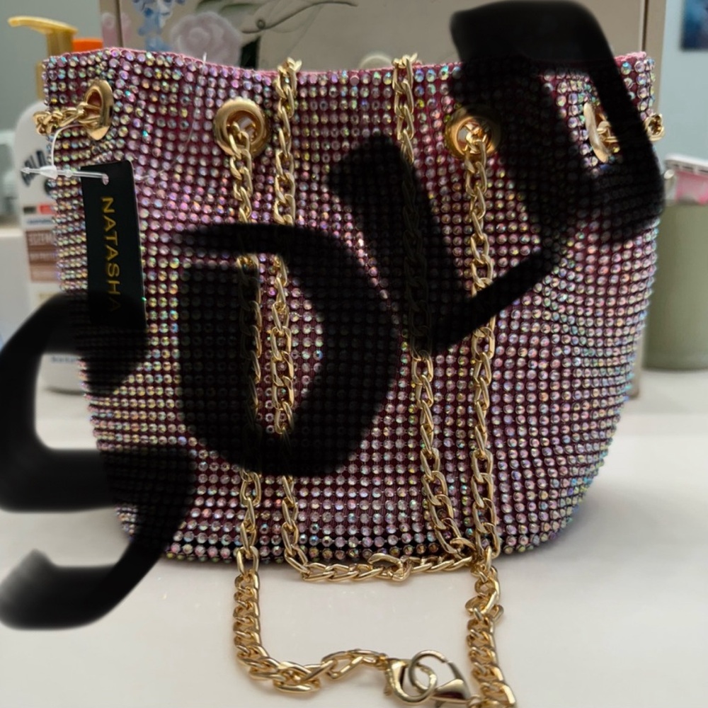 Natasha 💚 Pink Gold Glitter Chain Evening Bucket Bag Purse